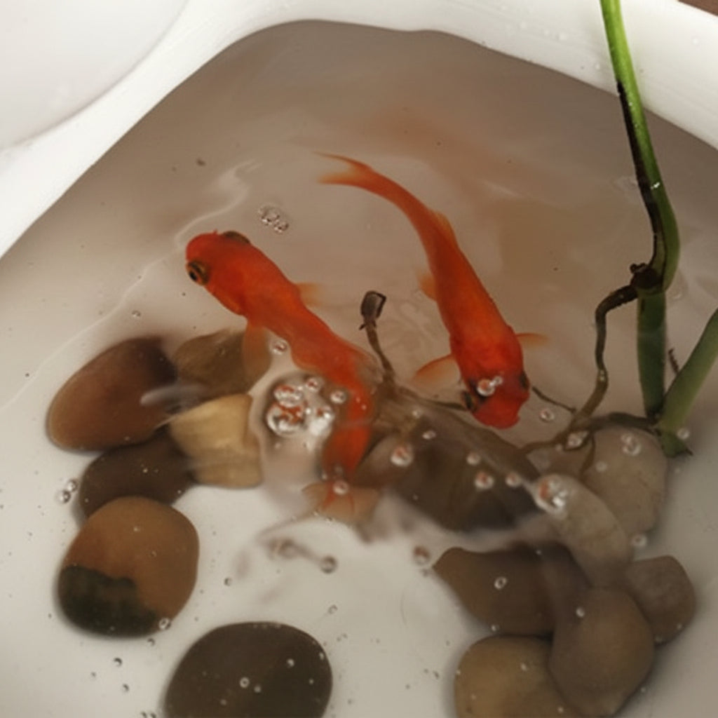 Two goldfish swimming in a small aquarium with rocks and a plant.